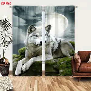 2D Flat 2-Piece Wolf Moon Curtain Set, Majestic White Wolf with Gray Black Accents on Moss Rock, Full Moon Cloudy Sky Backdrop, Ethereal Green Moss Contrast, Cool Aesthetic for Bedroom Living Room, Serene Dramatic Atmosphere Window Curtains
