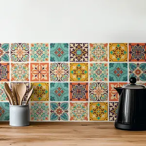 Bohemian Vinyl Wall Stickers 30pcs Floral Self Adhesive Waterproof Peel and Stick Decals for Living Room Kitchen Tiles Home Decor 4x4 Inches