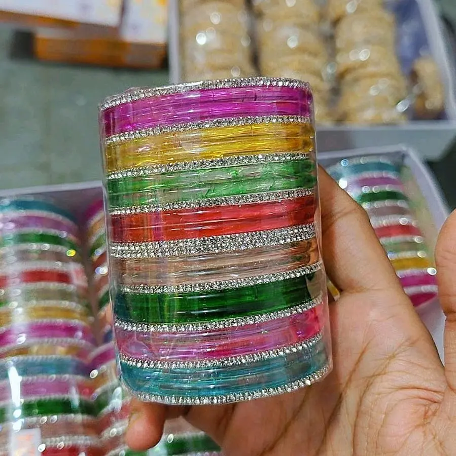 Jelly Design Glass Bangles Set (26 Multicolor Pieces) for Indian Bridal & Semi-Bridal Wear, Including Silver Shimmer Bangles for a Bold Statement Look