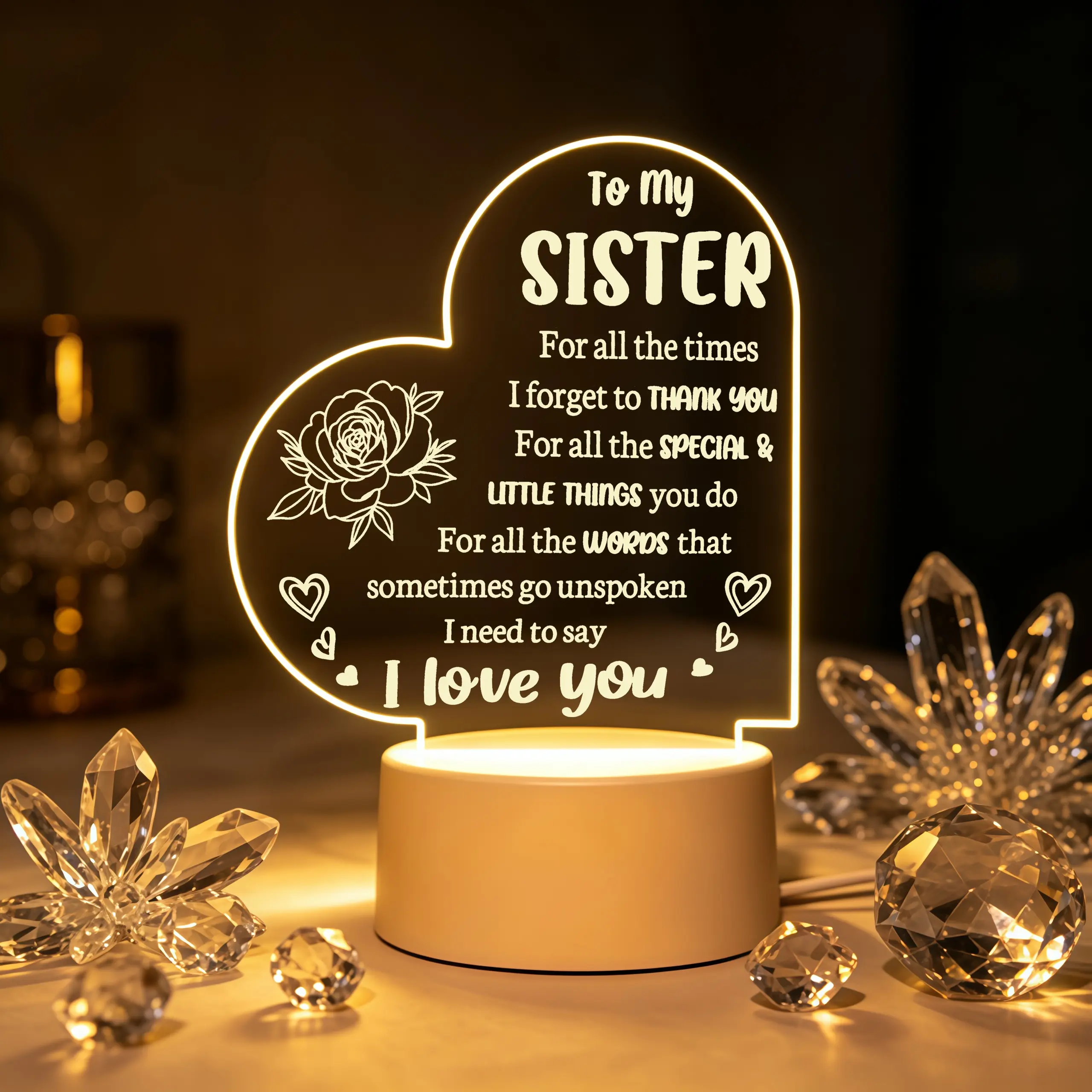 Heart Shaped 2D Acrylic LED Night Light, Engraved Rose Table Lamp, Sentimental Gift for Sister for Christmas (Home & Festive Decor Supplies)