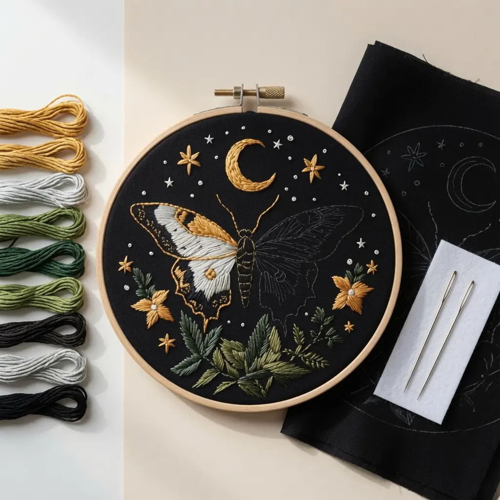 Crescent Moon Cross Stitch Needle Point Embroidery Kit for Beginners - Pre-Printed Textile Fabric, Complete DIY Set with Threads, Needles, Hoop, Ideal Home Decor & Mother's Day Gift