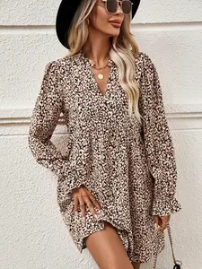 Leopard Print Mini Dress - Flounce Sleeve Smock Dress for Women - Fall Outfit