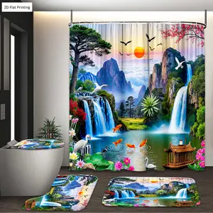 1/3/4PCS Scenic Landscape with Waterfalls Birds and Flowers Shower Curtain Set with Rugs, Non Slip Bath Mat, U-Shape Carpet, Toilet Lid Cover, 12 Hooks, Home Bathroom Decor, Bathroom Decoration Accessories, Bathroom Supplies