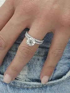2 Pcs/Set Charm Cubic Zirconia Ring Set For Women Solitaire Ring For Wedding Engagement Anniversary Party Band Jewelry Valentine's Day Gift Wedding Ring Stack