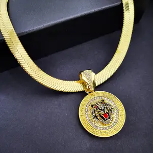 MaxBling81 Unisex Hip Hop Iced Tiger Head Medal Pendant Herringbone Necklace - Brass Chain (10mm-35mm, 20" or 24" Length), Daily Wear Fashion Costume Jewelry Accessory