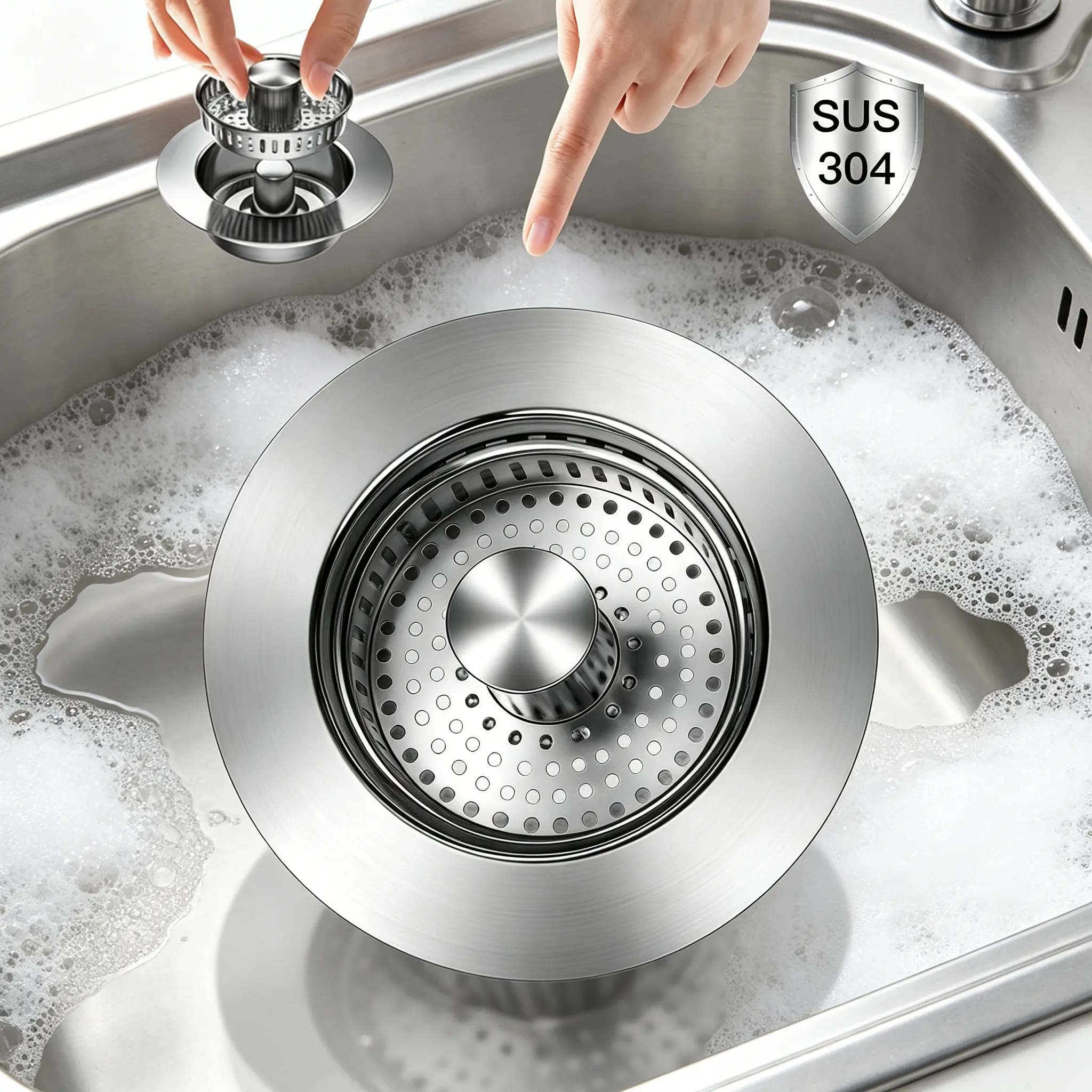 304 Stainless Steel All-in-1 Sink Drain Guard - Pop-Up Stopper with Filter Basket, Anti-Clog, Tool-Free Installation, Odor Control & Effortless Efficiency Kitchen Sieve