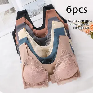 6 Pcs Shockproof Front Buckle Wireless Deep V Bra Anti-sagging Breathable Seamless Push Up Brassiere For Women Close-fitting Gathered Plus Size Womenswear