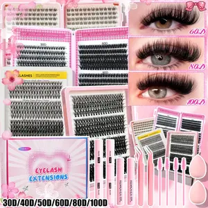 High-capacity eyelash clusters, gift box packaging, various styles available, including false eyelashes, 2 pairs of dual-head adhesive, 2 pairs of remover liquid, 2 pairs of tweezers, 4 brushes, 2 makeup sponges, D-curved, easy DIY personal false eyelashe