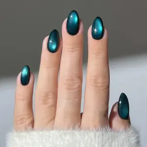 Upgrade Your Look Instantly, 24pcs Y2K Oval Blue Crystal Cat Eye Nail Tips, Perfect Acrylic False Nails Set for Women & Girls DIY