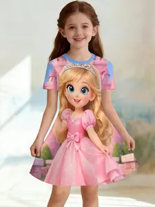 Girls' 3D Short Sleeve Dress, Castle Princess Full Print, Round Neck, A-Line, Perfect for Parties, Birthday Party Dresses, Festivals, Birthday Gifts