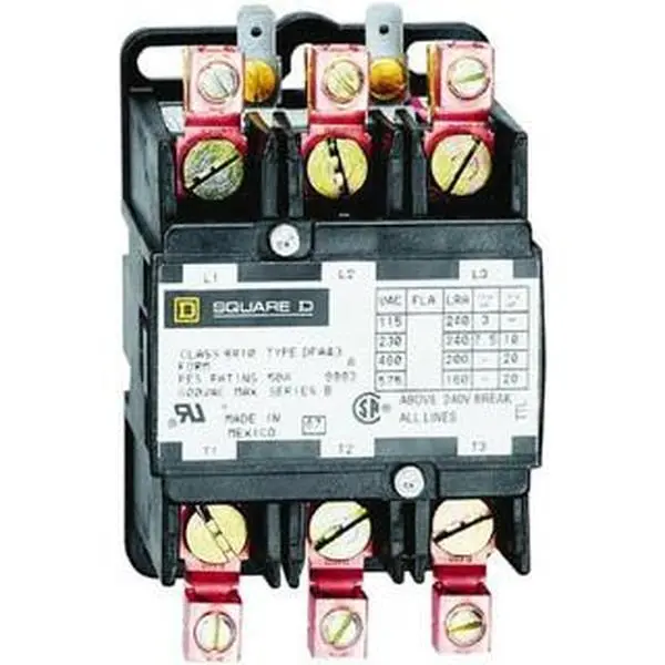 Square D 3 Pole, 40 Amp Inductive Load, 208 to 240 Coil VAC at 60 Hz and 220 Coil VAC at 50 Hz, Definite Purpose Contactor Phase 1 and Phase 3 Hp: 10 at 230 VAC, 20 at 460 VAC, 25 at 575 VAC, 3 at 115 VAC, 7.5 at 230 VAC 8910DPA43V09