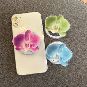 Pastel Orchid Flower MagSafe Phone Grip – Blue & Green Floral Magnetic Pop Socket & Kickstand – Elegant Aesthetic Gift