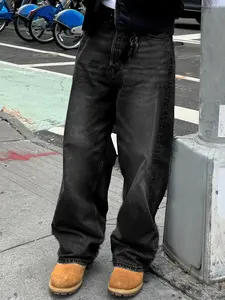 Men's Casual Fashion Loose-Fit Washed Denim  Versatile Minimalist Design for All Seasons Comfortable Everyday Wear y2k street style Black Elastic Waist Denim Pants plain