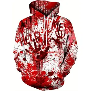 Men’s 3D Printed Graphic Hoodie – “HELP ME” blood splatter design, white and red pullover with pockets, casual Halloween-themed sweatshirt for men, Halloween hoodie