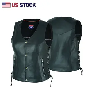 HL14851SPT Black Women's Lace Up Side Leather Motorcycle Vest Soft Womenswear with Zipper Pockets & Heavy-Duty Steel Snaps US STOCK