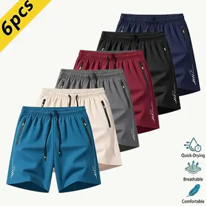 Men’s quick-dry lightweight breathable shorts, 6-pack, casual athletic style, wrinkle-resistant polyester blend fabric, solid color with reflective lightning stripe accents, suitable for running, basketball, and fitness training. SpringStatements