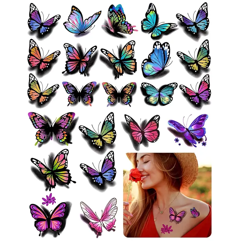3D Butterflies and Flowers Temporary Stickers Tattoo, Colorful Body Art Tattoos for Women Kids, 126Pcs