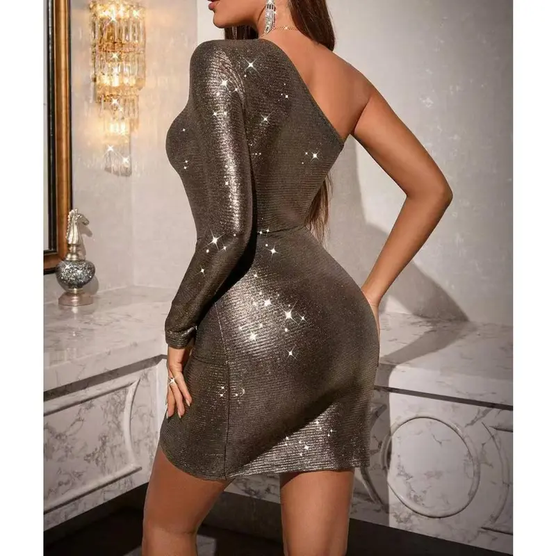 dress Women's Elegant One-Shoulder Sequin Dress, Solid Color Pleated Long Sleeve, Glamorous Wear for Party & Celebration zendaya blue dress bella prom twilight Ruched Bodycon black wednesday outfit military ball alonuko green quinceanera fairy go co stume