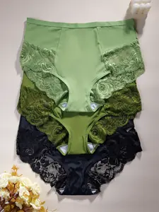 Women's High Waist Contrast Lace Triangle Panties Set, Comfortable Skin-Friendly Underwear for Fall & Winter, Casual All-Season Wear, Lace Trim Panty