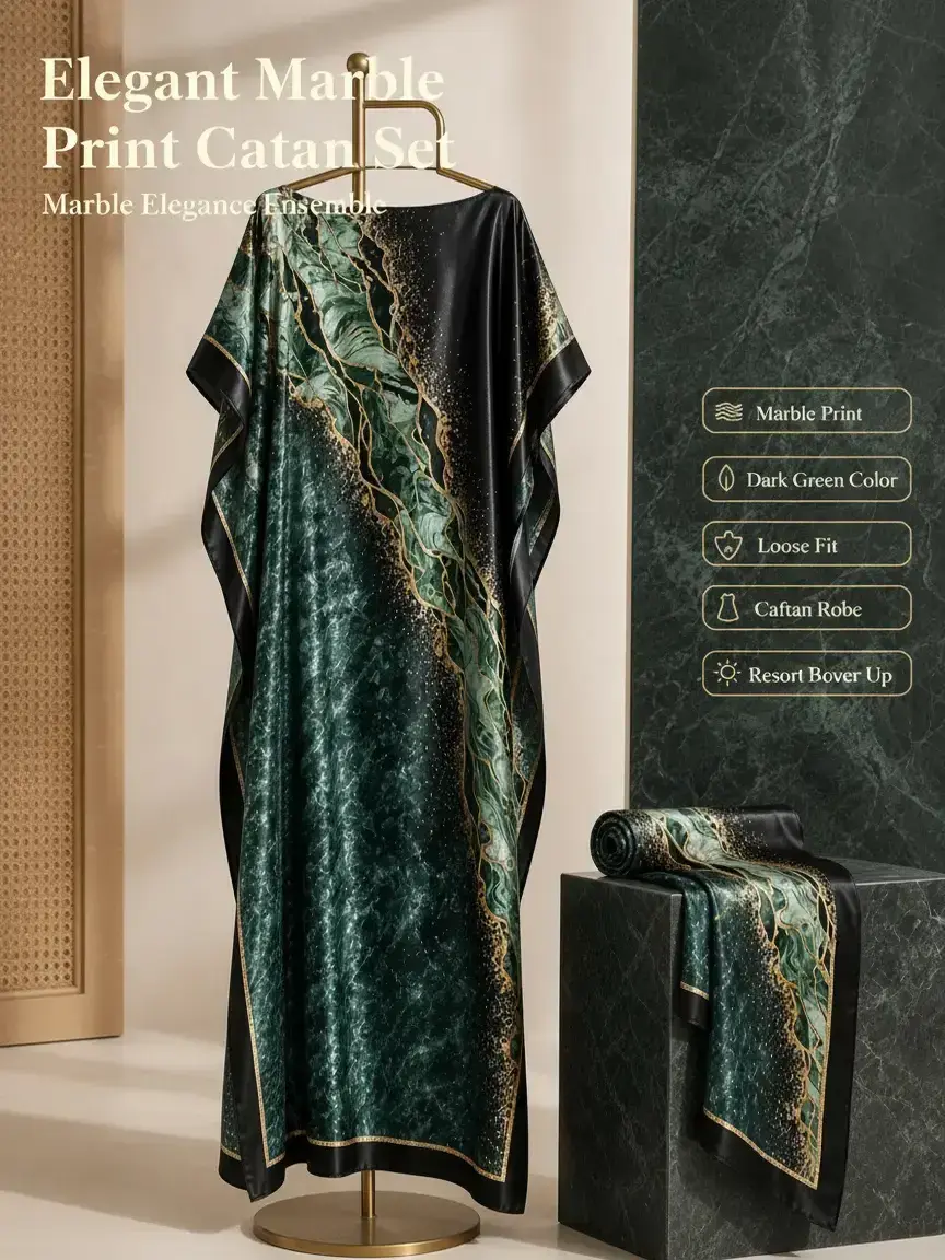 MuuMuu Muse Women's Dark Green Printed Moomoo Dress & Matching Scarf Set - Fit, Comfortable, Casual, Elegant Loose Caftan Robe with Smooth Drape, Resort Beach Cover Up