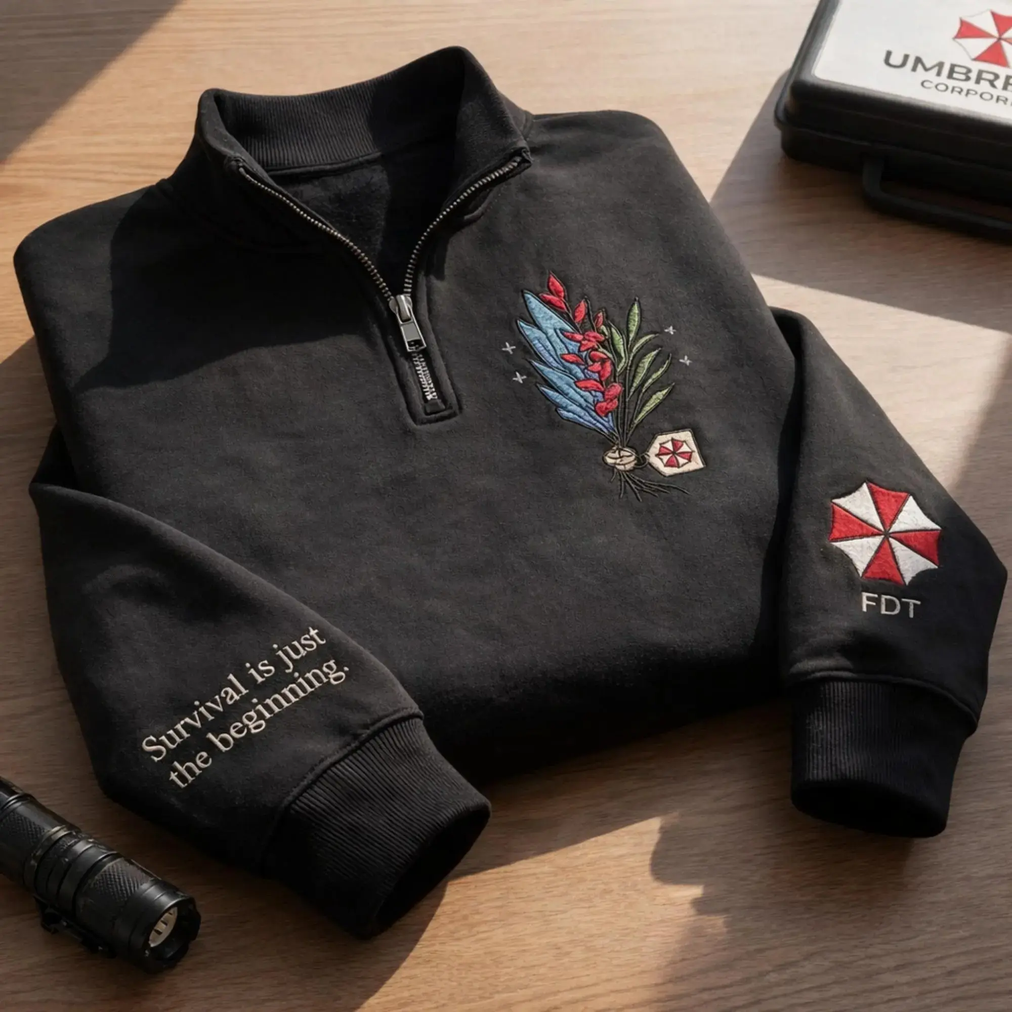 Survival Is Just The Beginning Embroidered Quarter Zip Sweatshirt, Umbrella Corp Resident Evil Crewneck, Gaming Herbs Horror Gift, Biohazard Fan Apparel