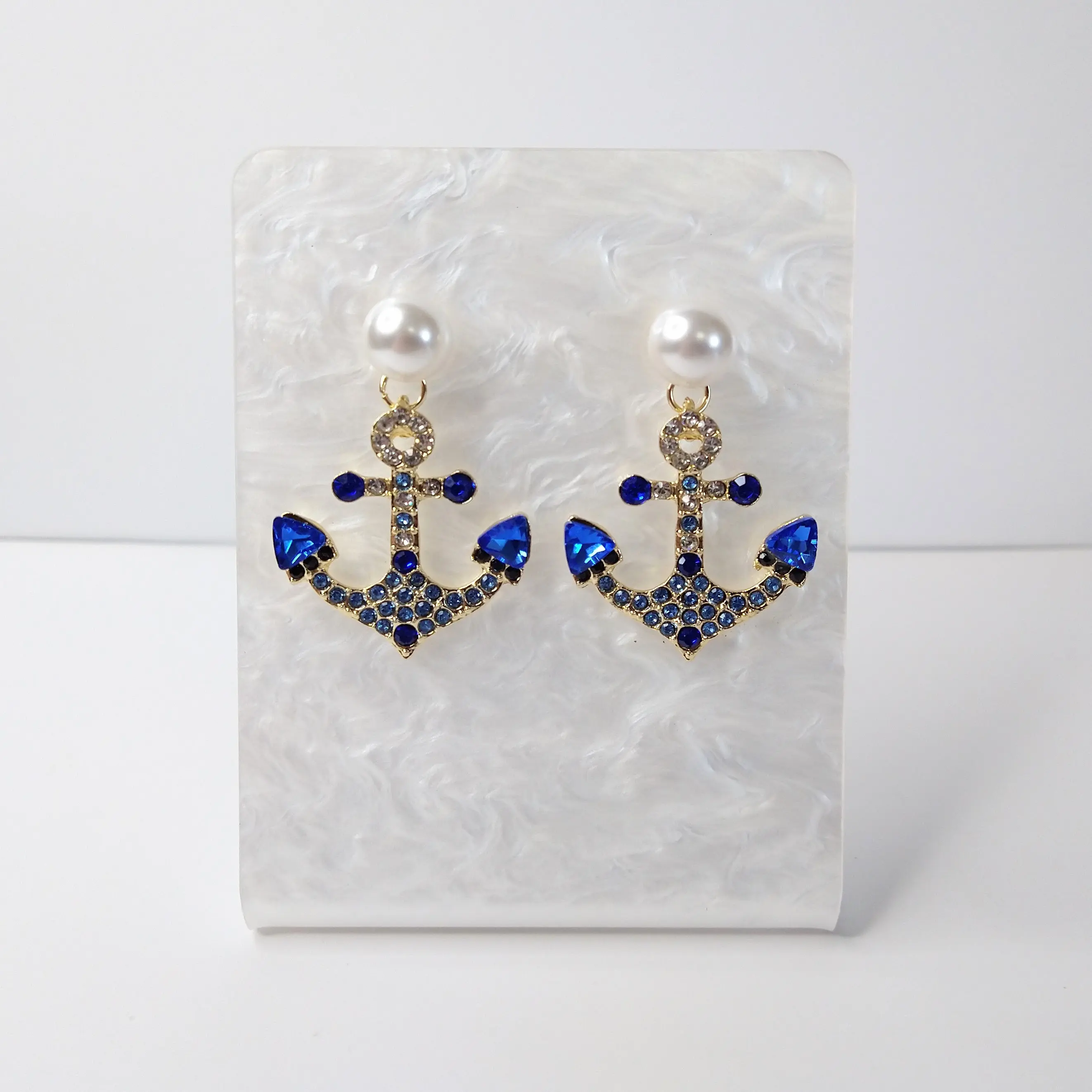 #266 Anchor with Various Blue & Clear Rhinestones with a Faux Pearl Stud Earrings, Casual, Elegant, Nautical, Summer, Beach, Zinc Alloy