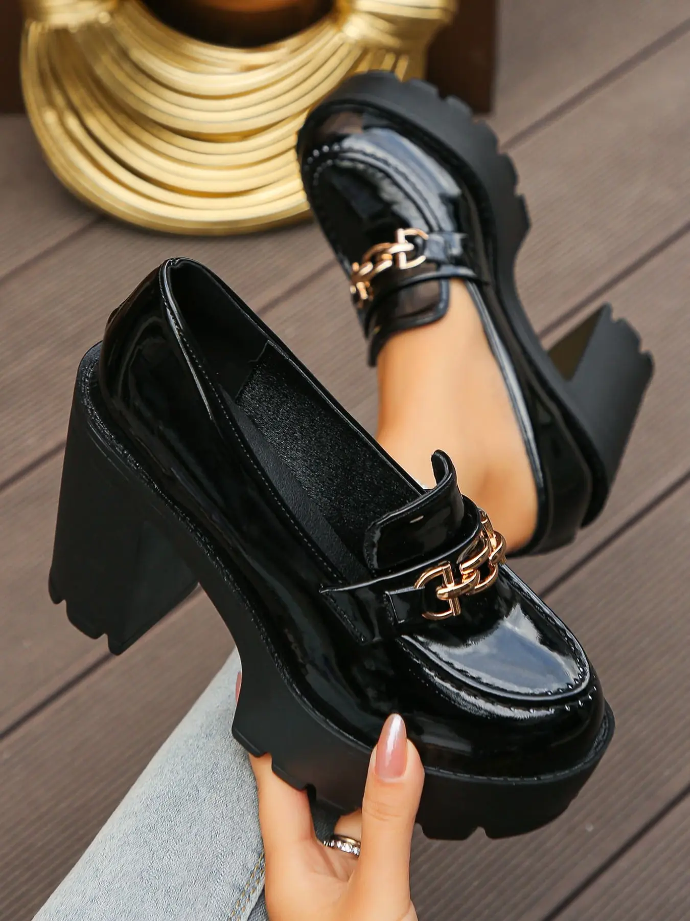 Women's Patent Leather Platform Fashionable Loafers, Chunky Block Heel, Flatform, Gold Chain Buckle, Height Boosting, Slip-On Style, Business Casual Loafers, Formal & Casual Shoes for Work, Office, Professional Settings