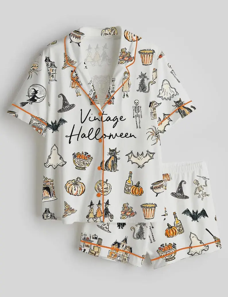 Vintage Halloween Pajama Set for Women, Retro Spooky Ghost and Pumpkin Sleepwear with Witchy Fall Lounge Style