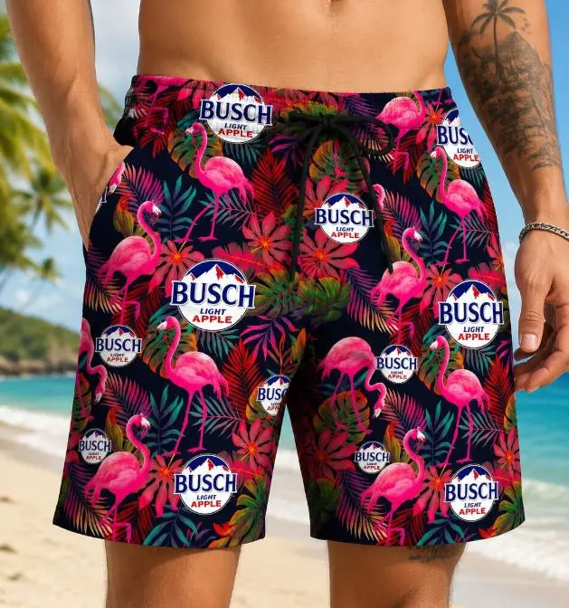 Men's Pink Flamingo Swim Trunks, Vintage Tropical Beer Graphic Beach Shorts, Palm Leaf Summer Board Shorts, Quick Dry Swimwear