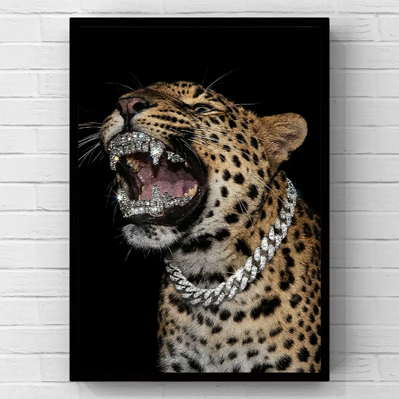Artistic Lightweight Roaring Leopard with Diamond Grillz-Cuban Chain Canvas Wall Artwork, 2D Minimalist Flat Canvas Print Poster, Wild Animal Home Decoration, Great Gift for Bedroom, Living Room