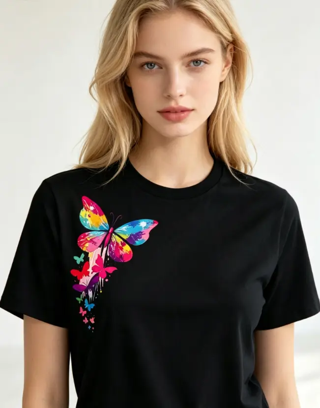Men & Women 100% Cotton Color Splash Butterfly Side Print T-Shirt, Vibrant Art Insect Graphic Tee
