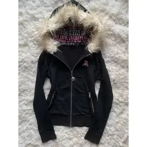 Black Fur Collar Zipper Sweatshirt Hoodie Sexy Women Sweatshirt Harajuku Goth Letter Graphic Print Slim Coat Winter Clothes Womenswear Tops