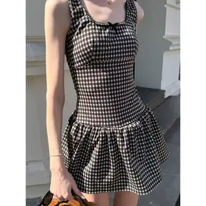 Women's Gingham Print Bow Decor Dress, Retro Fashion Casual Sleeveless A Line Dress for Daily Outdoor Wear, Ladies Dress for Summer