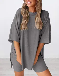 Crewneck Two-Piece Set For Women Summer Casual Oversized Split Hem Shirts & Side Pocket Biker Shorts Minimalist Loungewear Soft Viscose Fabric Comfy Pjs - Pajama