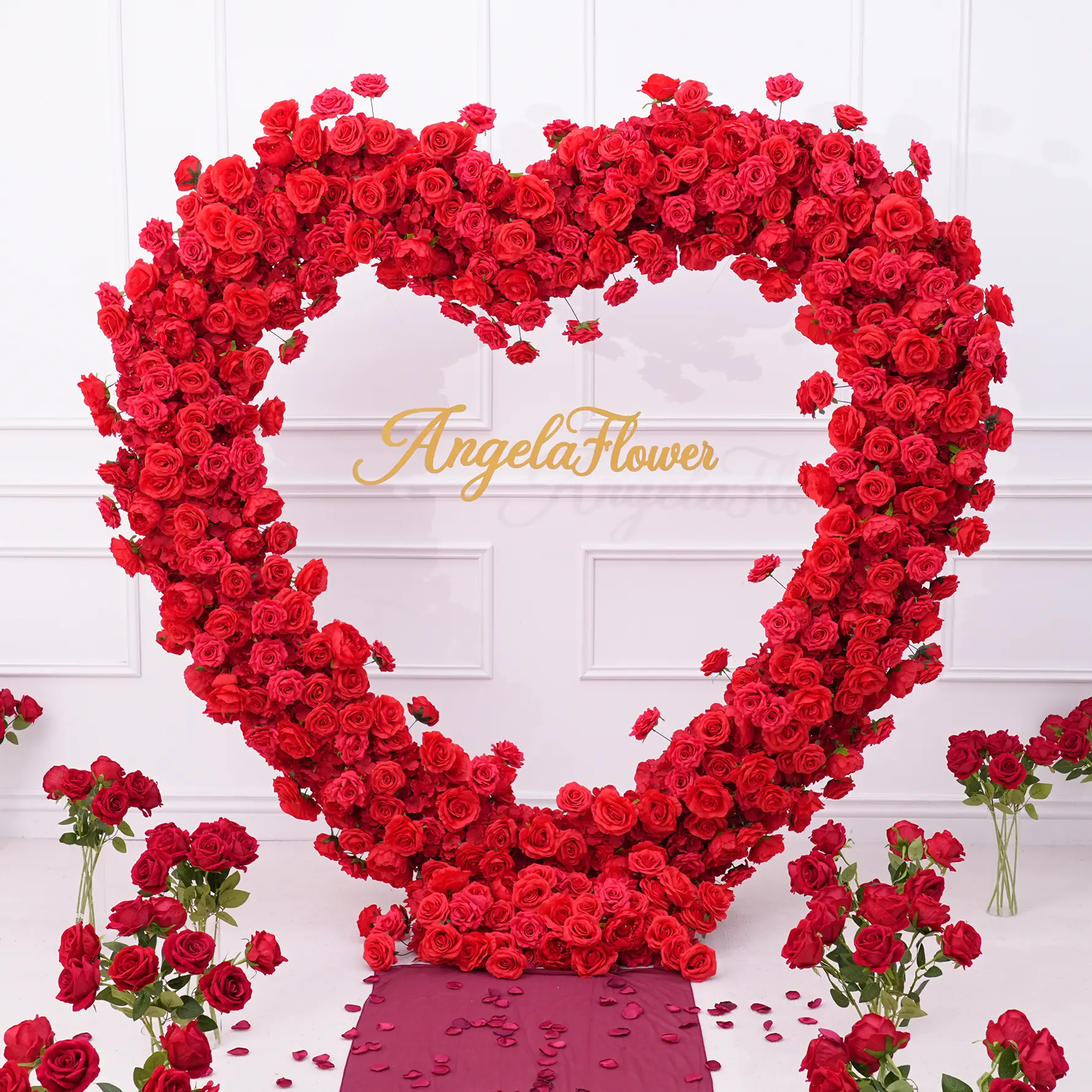 S-A8869 Luxury Red Rose Floral Arrangement Cloth Base Heart-Shaped Arch Props