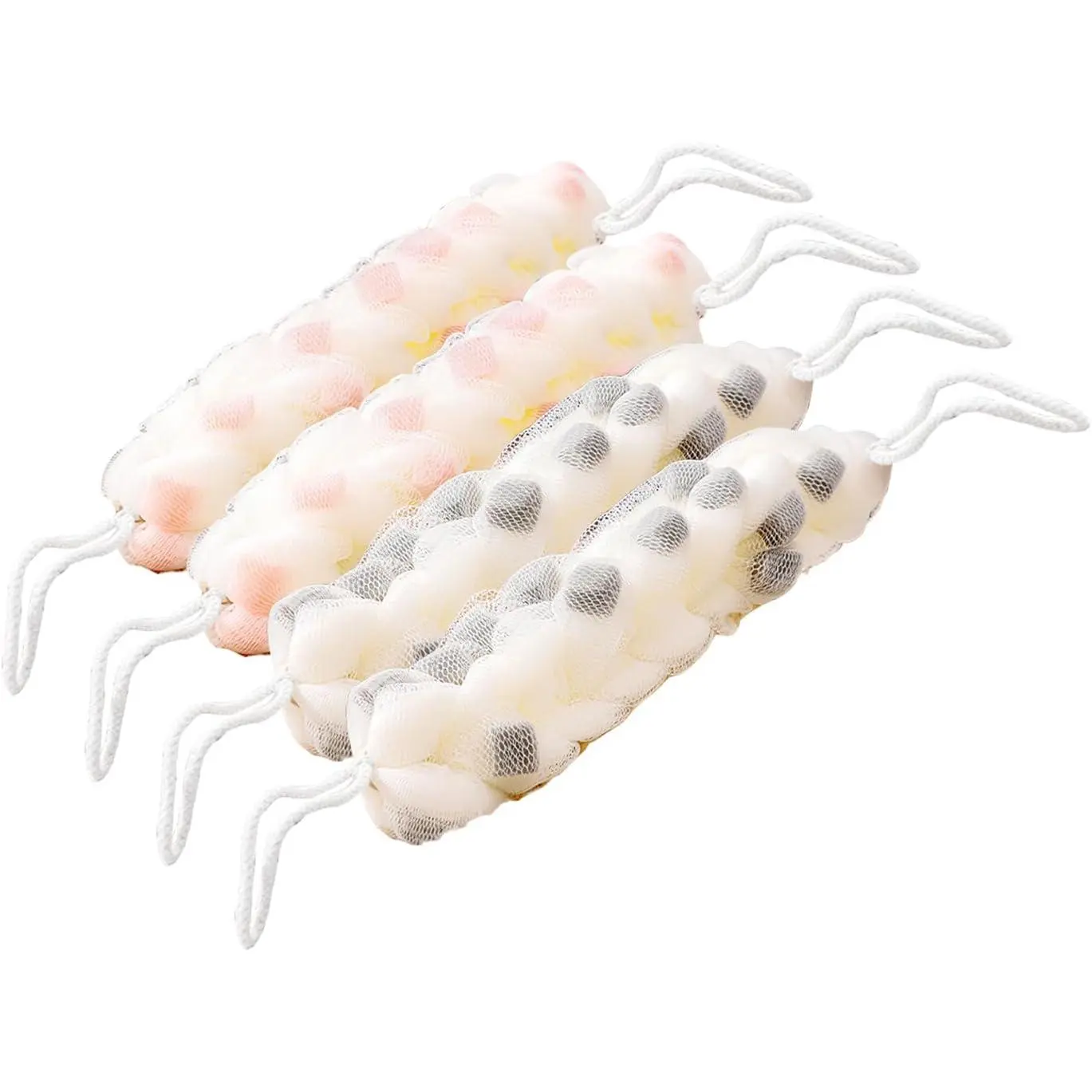 Long Loofah  Scrubber for Shower, 4 Packs  Sponge Bath Shower  Loofah with Rope Handles,  Mesh Sponge for Men and Women (B-2Grey+2Pink)