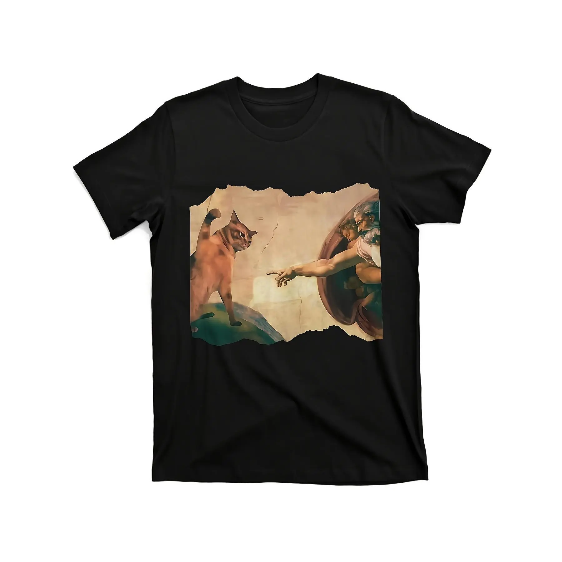 Funny Cat Swatting God's Hand Parody Art "The Divine Swipe" Graphic T-Shirt - Black Humorous Michelangelo David Design, Streetwear Tee for Men & Women, Regular Fit Round Neck Short Sleeve Casual Top, Cat Tshirt