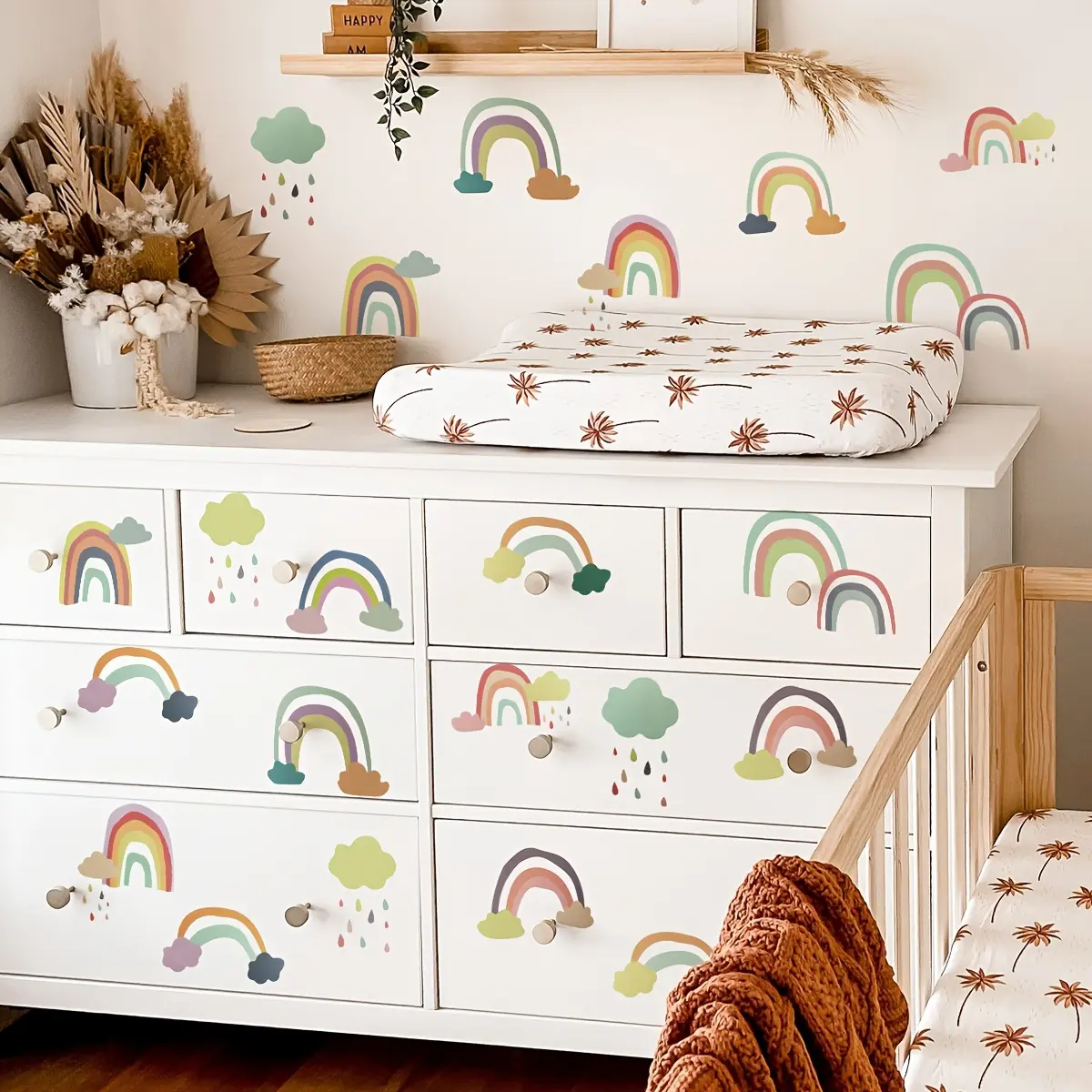 A set of six hand-painted rainbow cloud wall stickers for bedroom and living room background walls, home decoration stickers, self-adhesive and removable, PA102 Decorative Wall Sticker