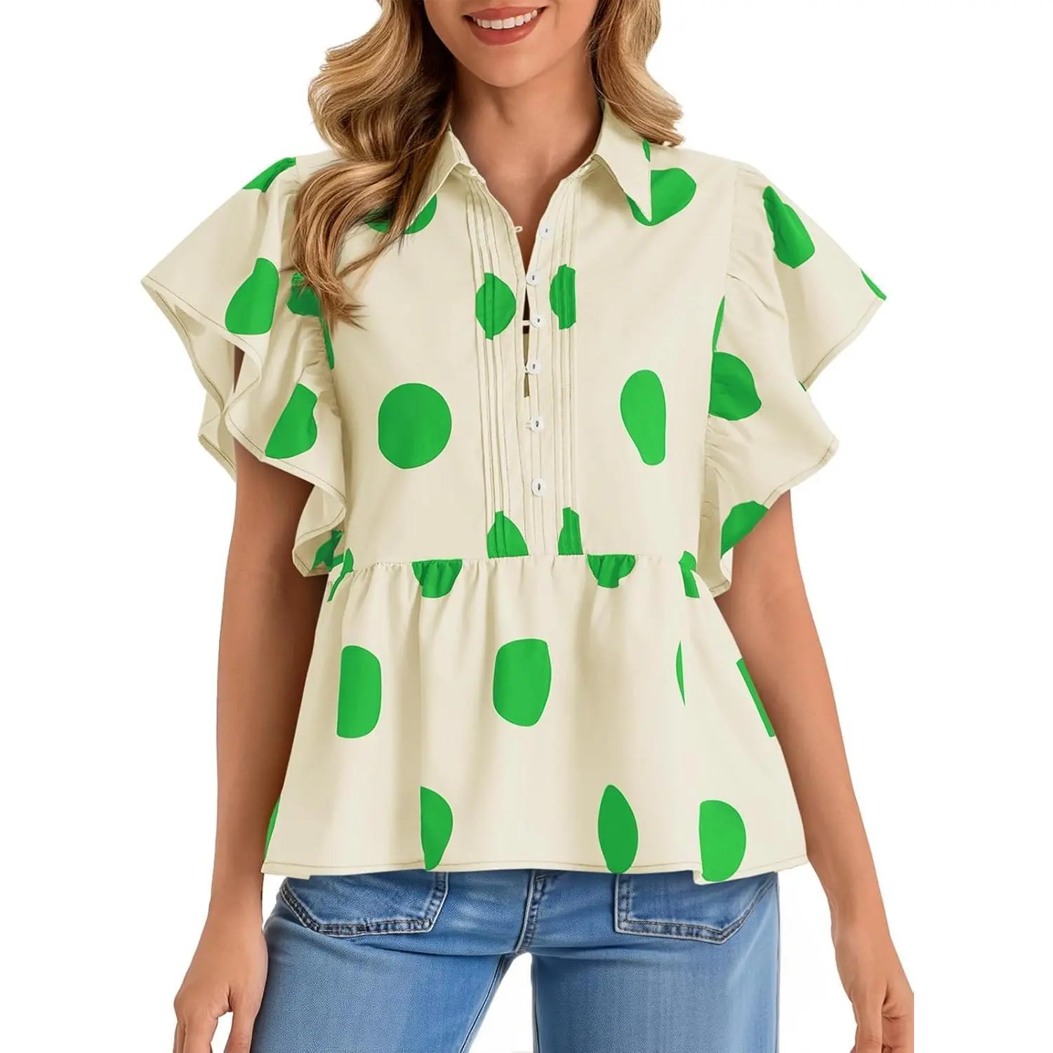 Imily Bela Womens Polka Dot Babydoll Tops Peplum Ruffle Cap Sleeve Blouses Summer Casual Half Button Up Shirts
