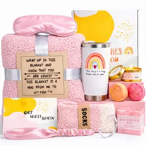 12 Pcs Deluxe Self-Care Gift Box with Pink Cozy Blanket, Tumbler, Candle & Spa Feel Better Basket – After Surgery, Thinking of You, Encouragement Recovery Gifts