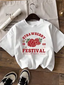 Women's Strawberry Print Round Neck Tee, Casual Short Sleeve Crew Neck T-Shirt for Daily Wear, Ladies Clothes for All Seasons, Top