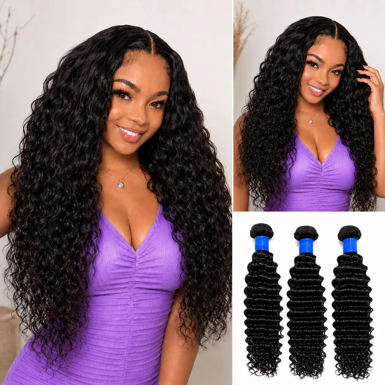 Deep Curly Human Hair Bundles, 3 Bundles 10A Virgin Human Hair, 10–30 Inch Natural Black Curly Hair Weave for Sew-In & Quick Weave