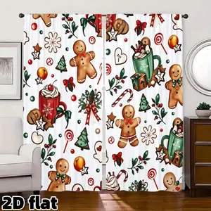 2D Flat 2Pcs Christmas Gingerbread Man Pattern Curtains, Holiday Theme Window Treatment with Holly Berries Candy Canes, Semi Sheer Rod Pocket Design, Perfect for Living Room Bedroom Kitchen Party Home Decor, Privacy Protection, Home Decoration Curtain