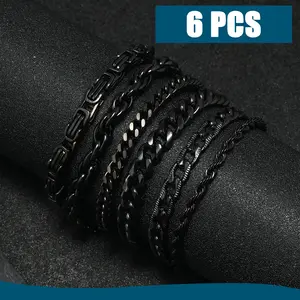 6 Pcs trendy Cuban chain titanium Fried Dough Twists chain lobster clasp Black bracelet European and American men's stainless steel bracelet jewelry