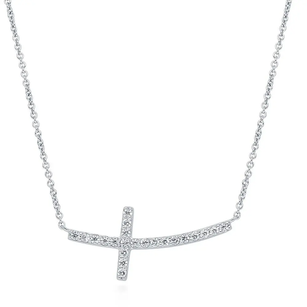 BERRICLE Sterling Silver Sideways Cross Statement Pendant Necklace for Women, Cubic Zirconia CZ 16 inch