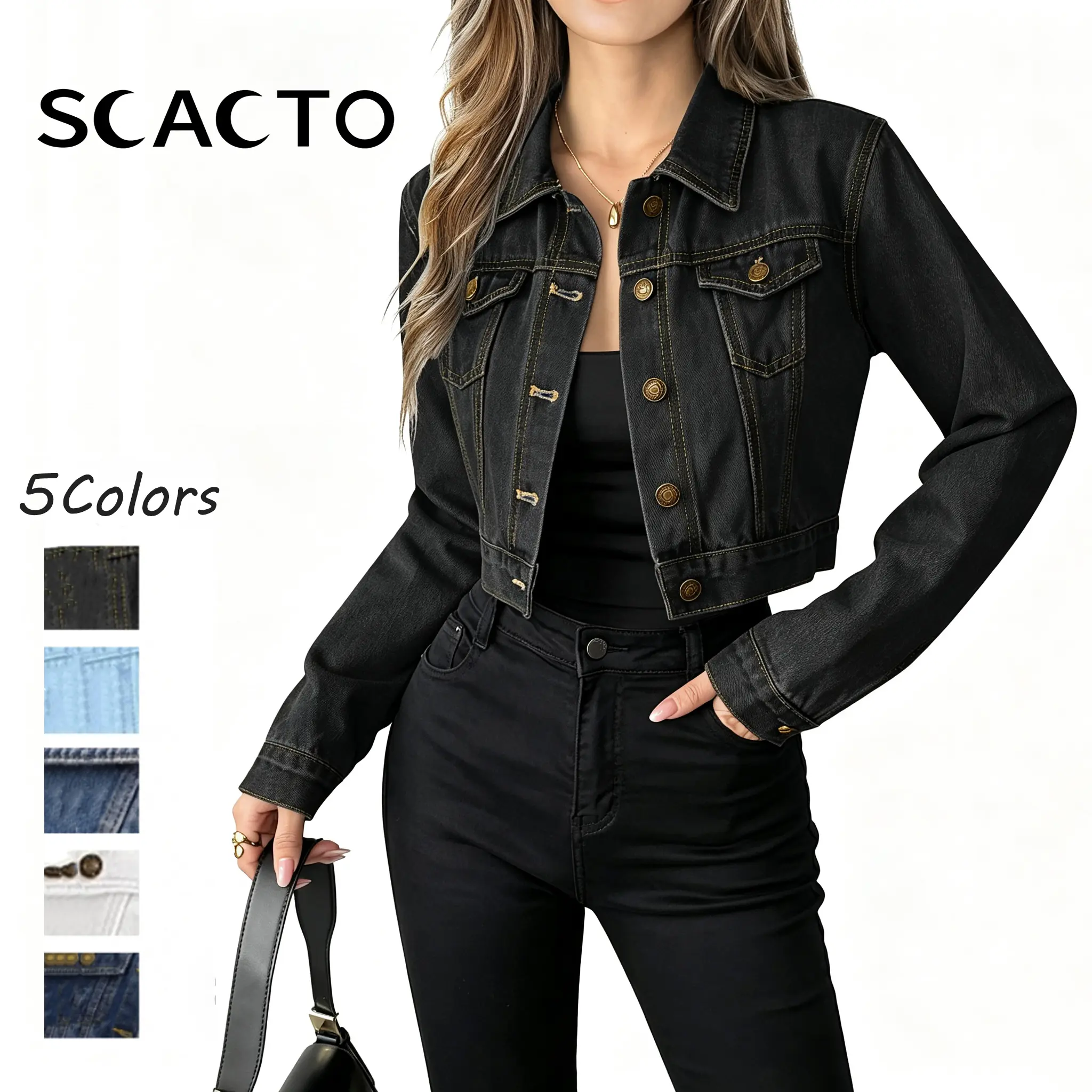 Scacto Summer Cropped Denim Jacket Long Sleeve Basic Button Down Crop Jean Shacket with Pockets Jean Jackets for Women Fashion Short Lightweight Fitted Stretchy Casual Womenswear