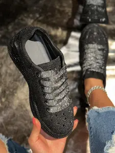 Women's Fashion Casual Closed Shoes Rhinestone Thick Sole Height Increasing Versatile All-Season Outdoor Walking Shoes Footwear