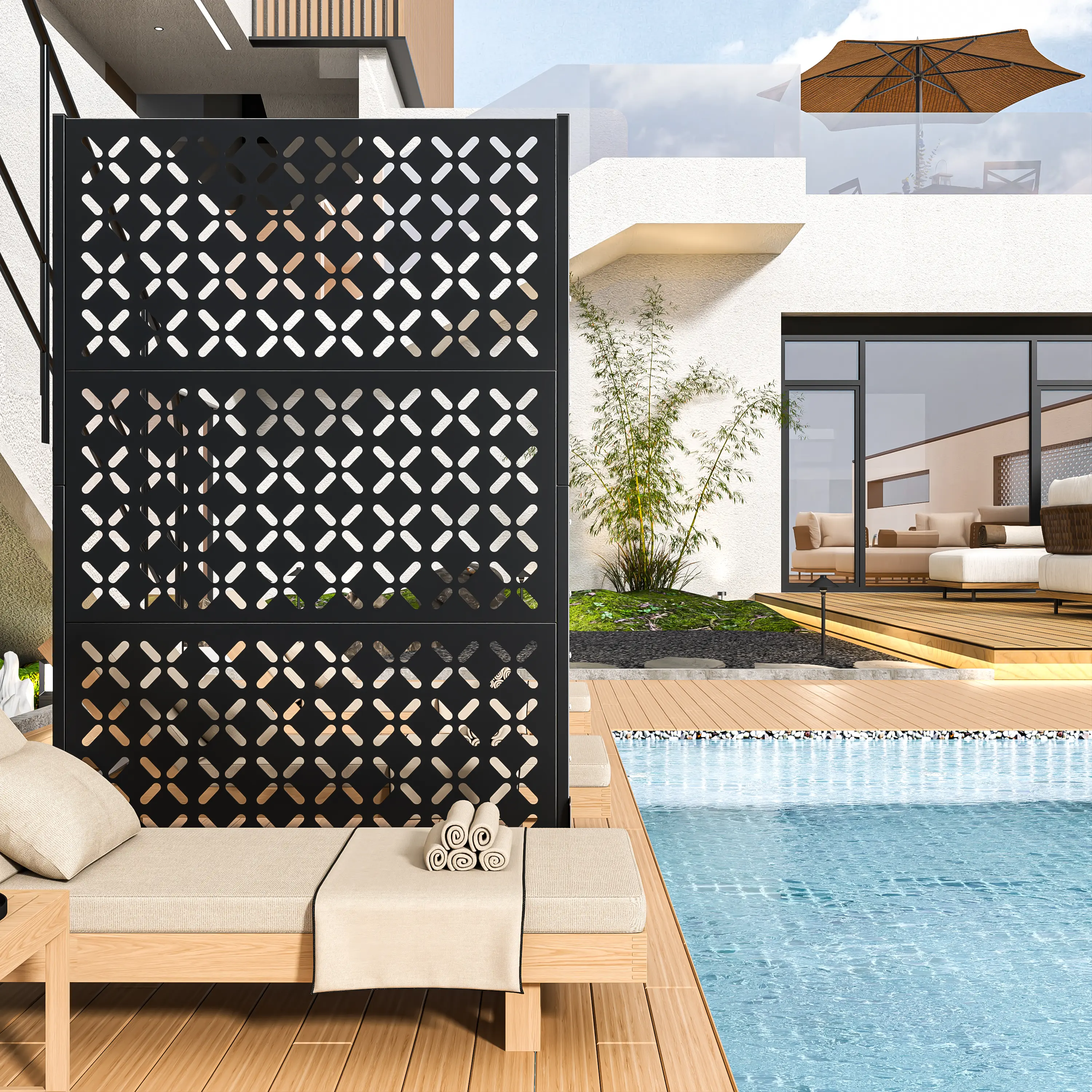 EROSOEI Freestanding Outdoor Metal Partition Screen - 72 in H × 46 in W Laser-Cut Decorative Room Divider for Patio, Backyard, Room Dividers