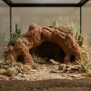 3D Printed Desert Cave Hideout for Reptiles, Frogs, Salamanders, Fish, Shrimp, Aquatic & Terrestrial Aquarium Decor, Sandstone Texture, Grass Top Design