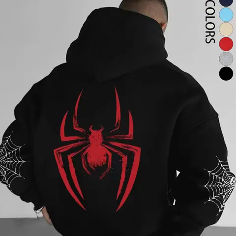 Men's Fall/Winter Spider-Print Hooded Sweatshirt with Drawstring and Kangaroo Pocket, Casual Street Fashion Hoodie, Casual Streetwear Hoodie, Comfortable Fabric, Fitted Graphic Sweatshirts